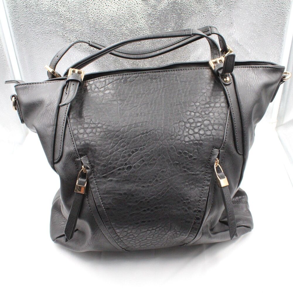 Urban Expressions Black Vegan Leather Tote Bag - Paisley Print Lining - EUC